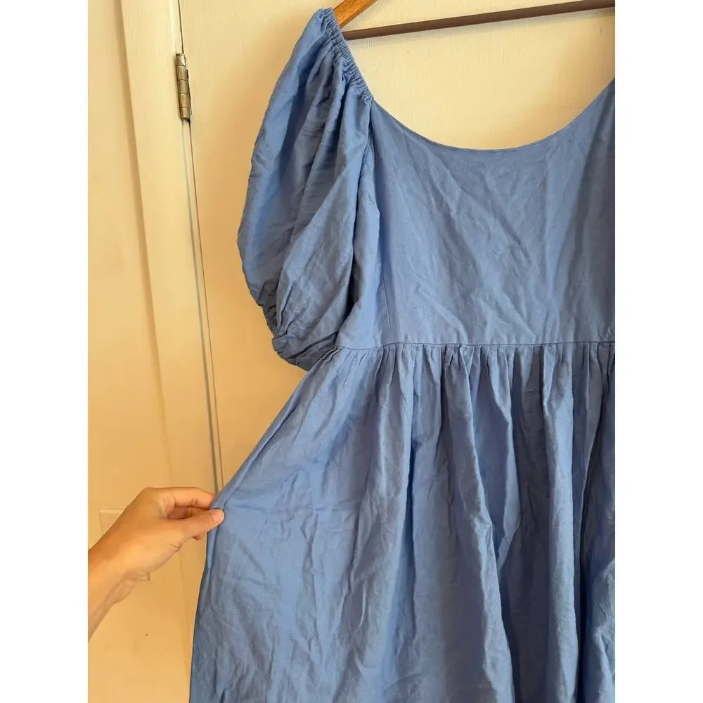 ELF Made by Hand Dress large Puff short sleeve mini dress 100% Linen ruched XXL - Picture 3 of 11